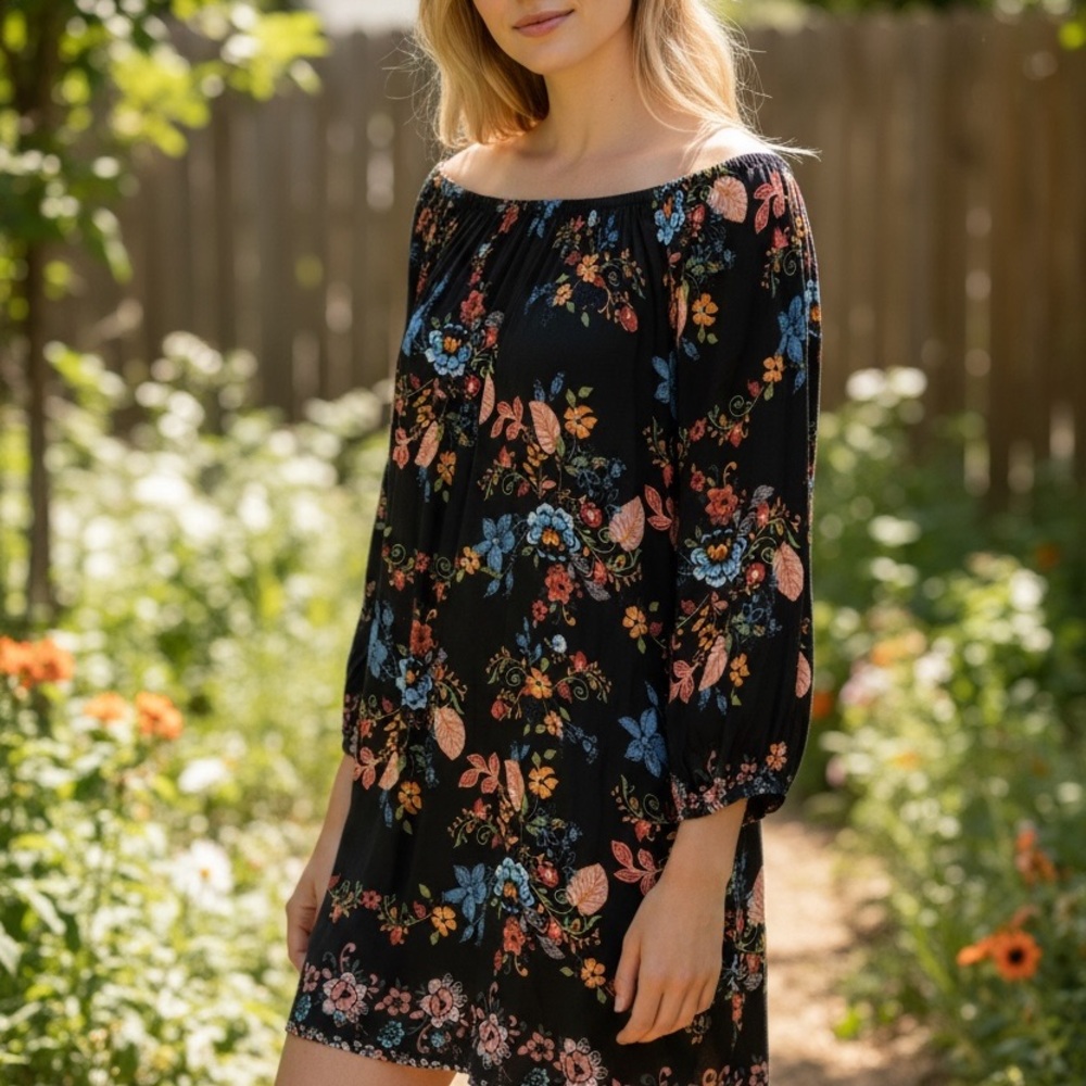 Miss Me Floral Off-Shoulder Black Dress